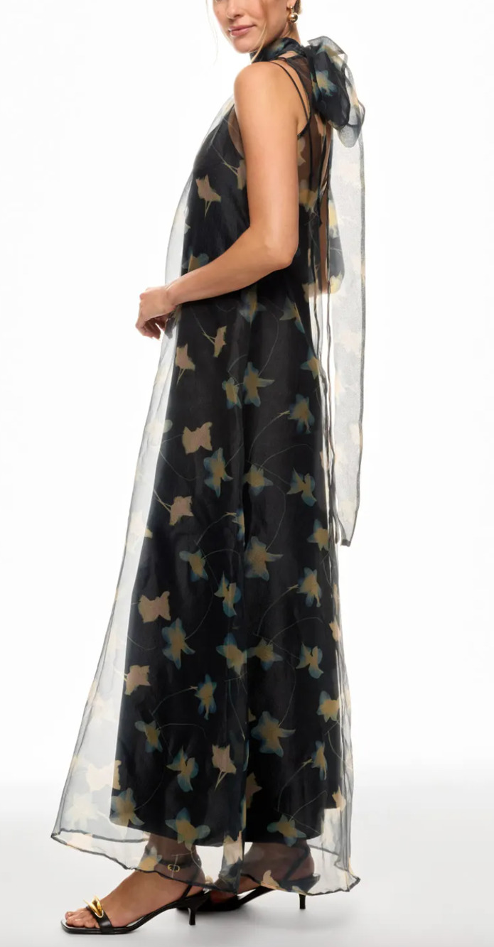 Staud Black Floral Chiffon Gown XS Ruffle High Neck Maxi Dress Designer $500